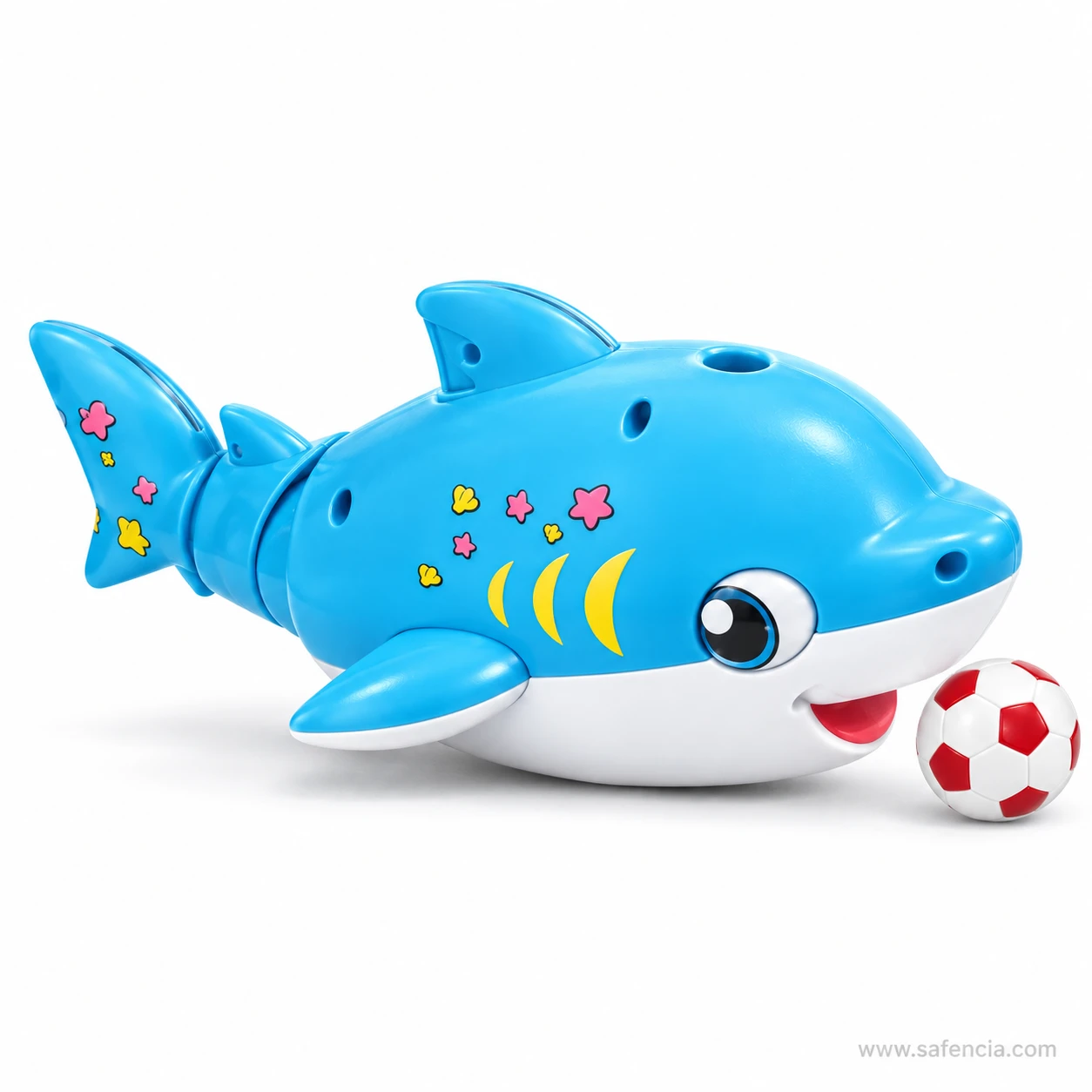 Side view of the blue shark blowing ball toy with star prints and segmented tail