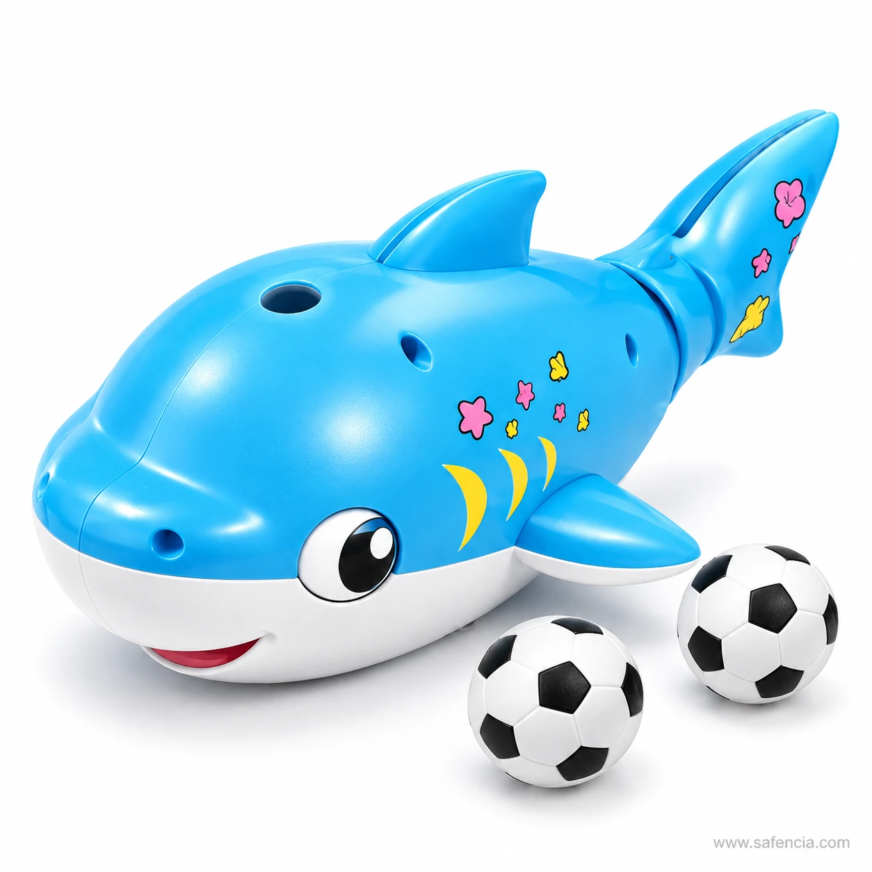 Blue shark blowing ball toy with its two black and white football-print balls