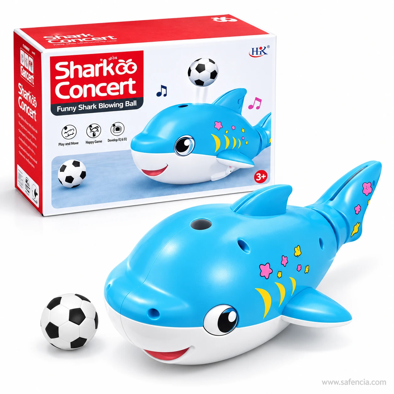 Shark blowing ball toy with two balls in front of its Shark Concert box marked 3 plus