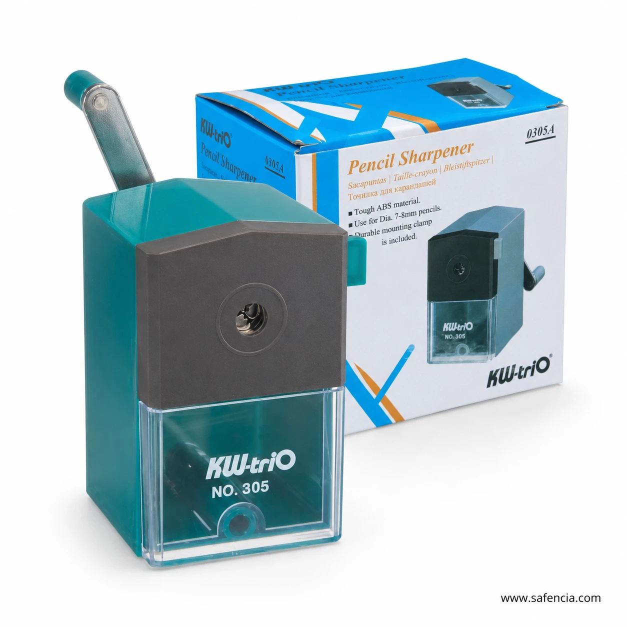 KW-triO 0305A teal manual pencil sharpener displayed beside blue and white retail box