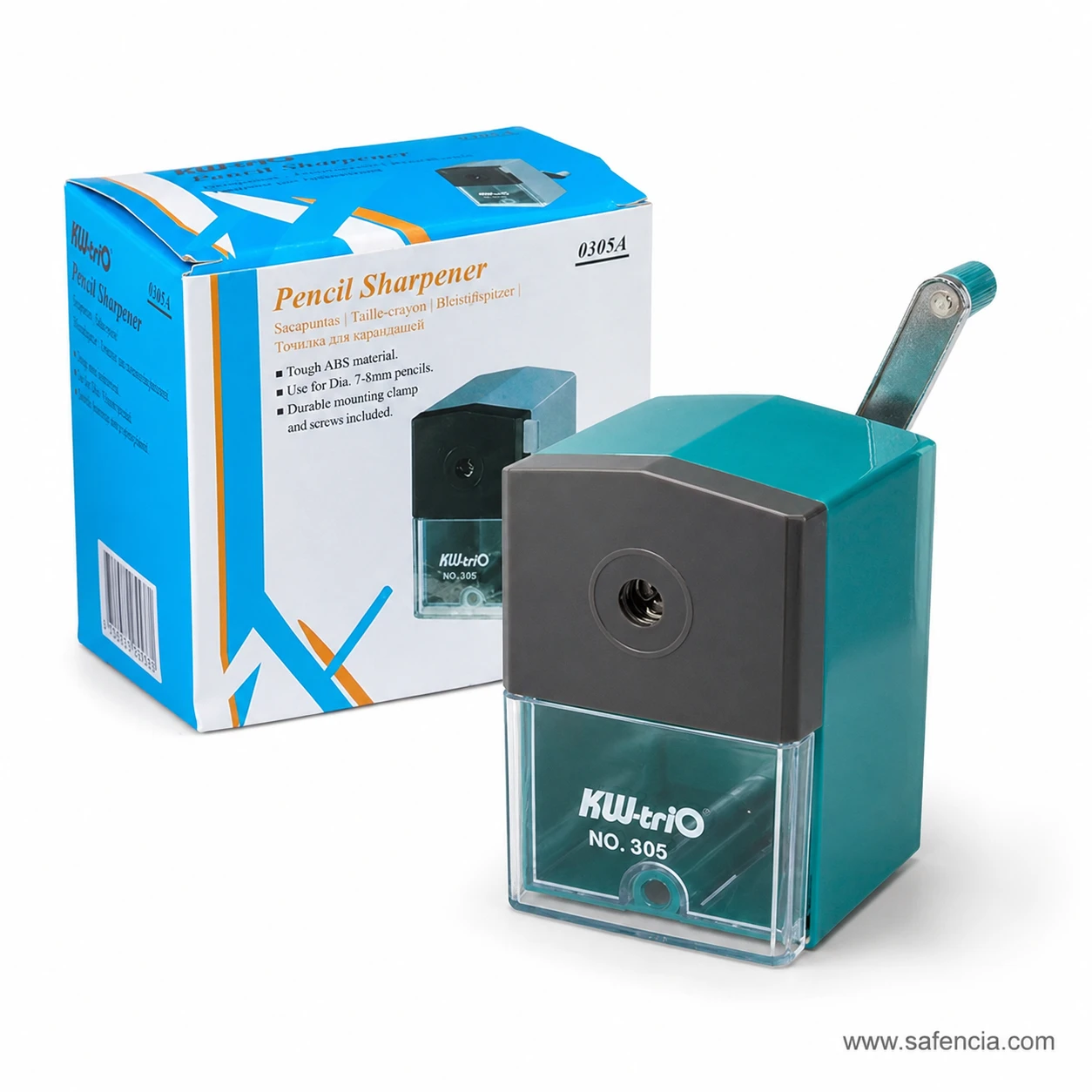 KW-triO 0305A desk sharpener side view with transparent shavings compartment and metal hand crank