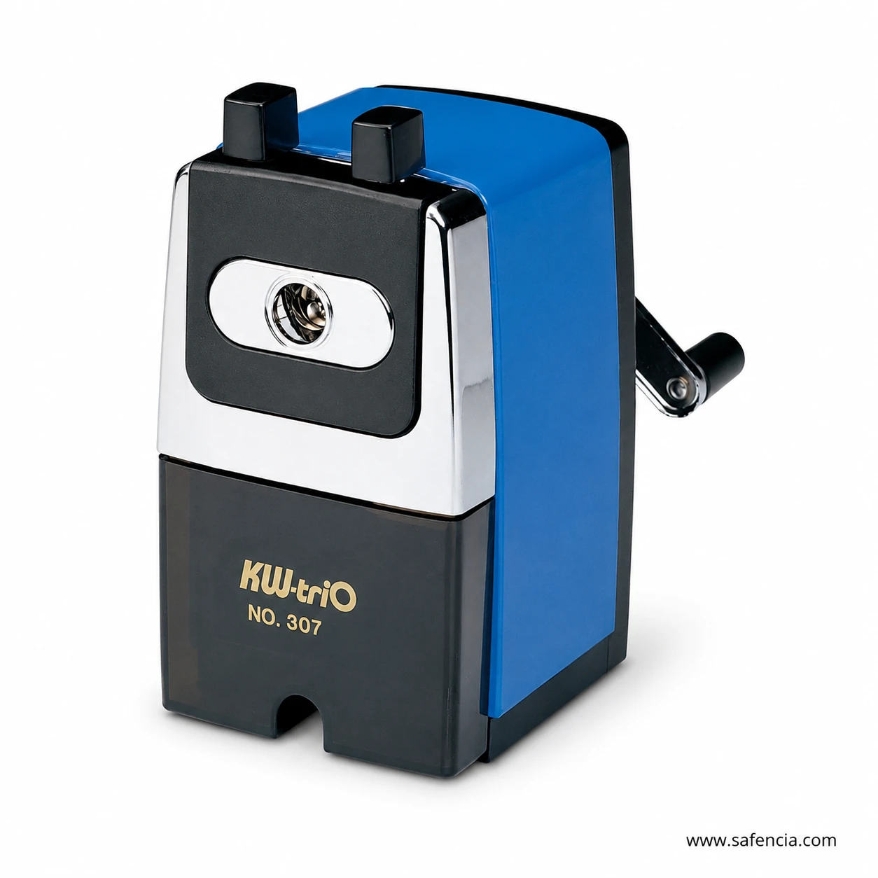 KW-triO 0307A desk sharpener angled view with black hand crank and tinted shavings drawer