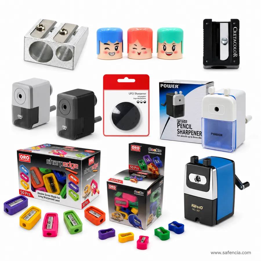 Safencia pencil sharpener range in Pakistan — Deli two-hole metal sharpener, Yalong fancy face sharpeners, Cretacolor artist sharpener, Faber-Castell UFO, KW rotary sharpener machines, Power PW desk sharpener and ORO Sharpedge and Reeko bulk packs