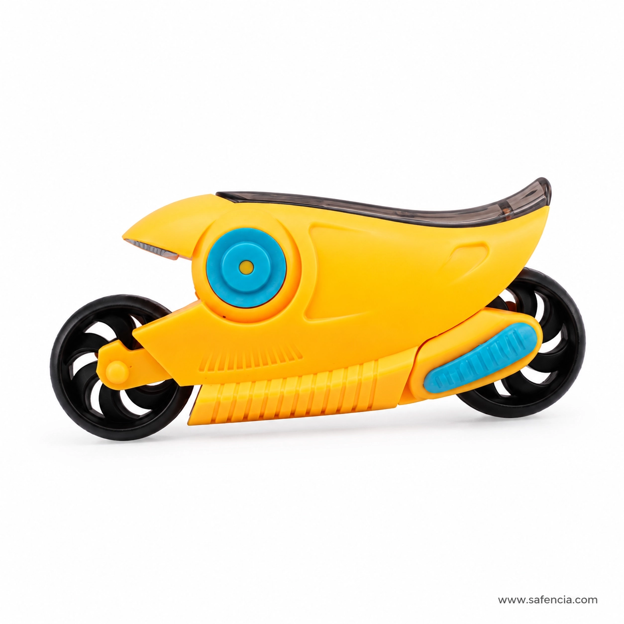 YL191659 orange motorbike pencil sharpener side view with smoky top cover closed and blue details
