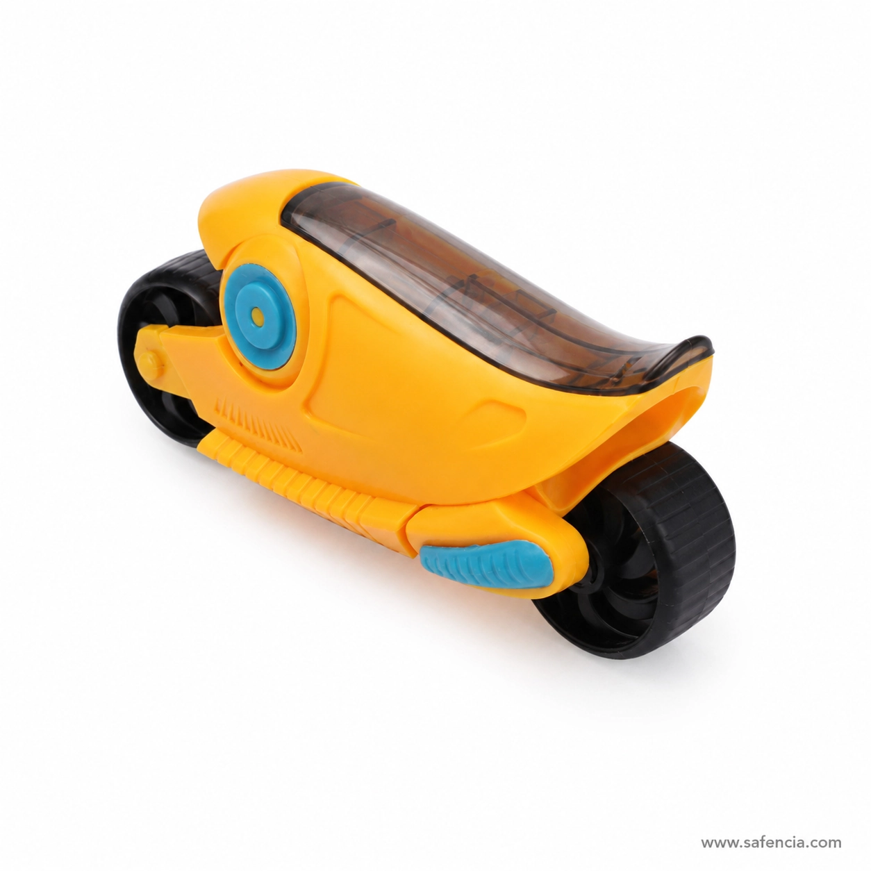 Orange YL191659 fancy bike sharpener rear angle with black wheel turquoise footrest and tinted cover