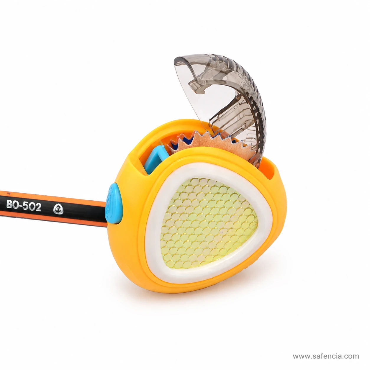 YL191692 yellow pencil sharpener with transparent lid open and pencil inserted through side opening