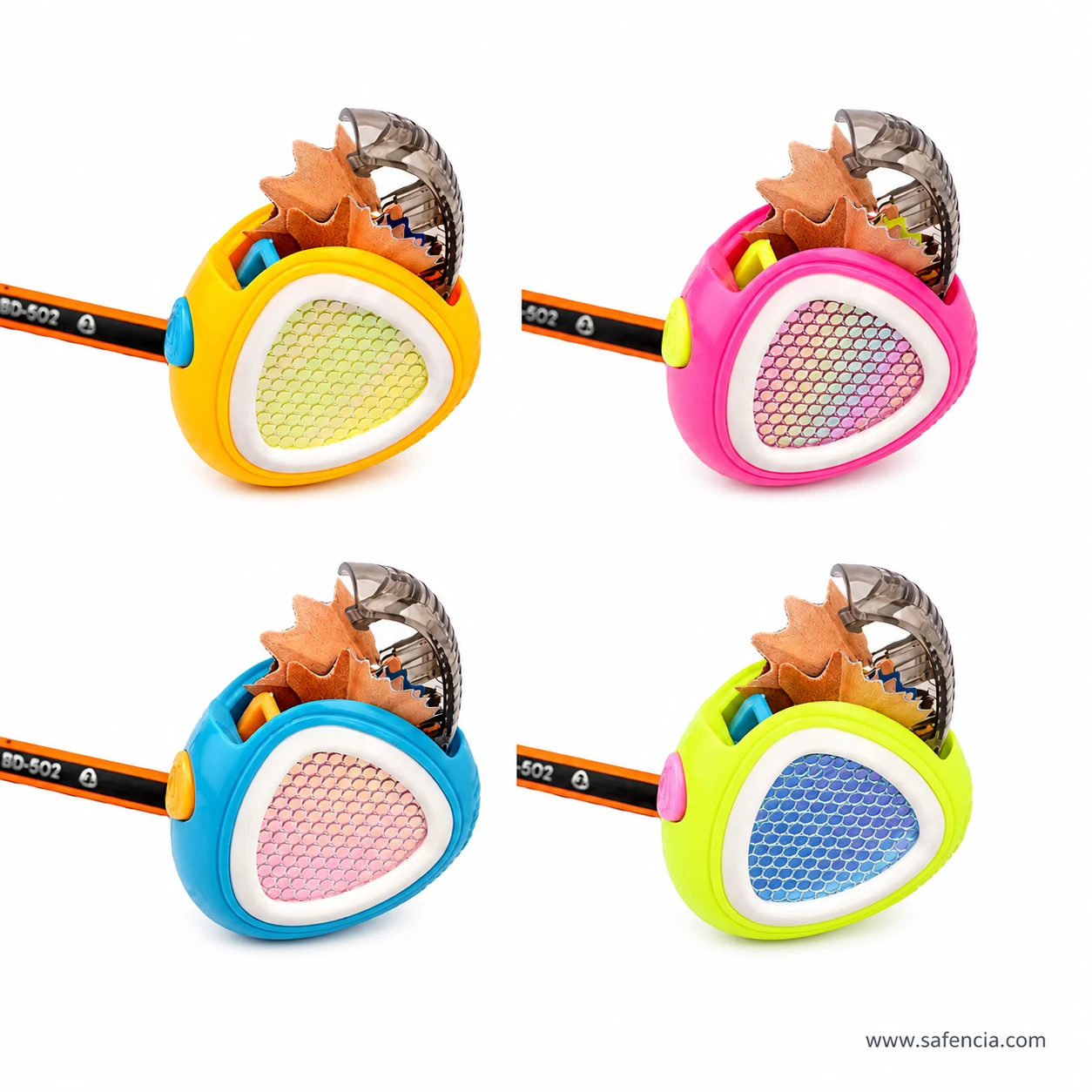 Four YL191692 fancy pencil sharpeners in yellow pink blue and lime green colour combinations