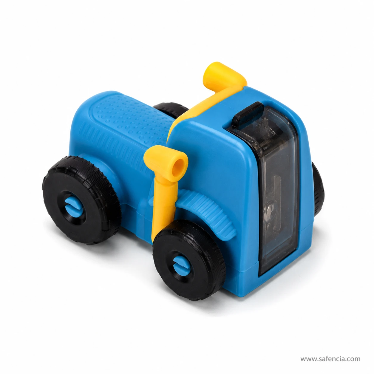 Blue and yellow YL211608 multicolour vehicle sharpener with black wheels and transparent front cover