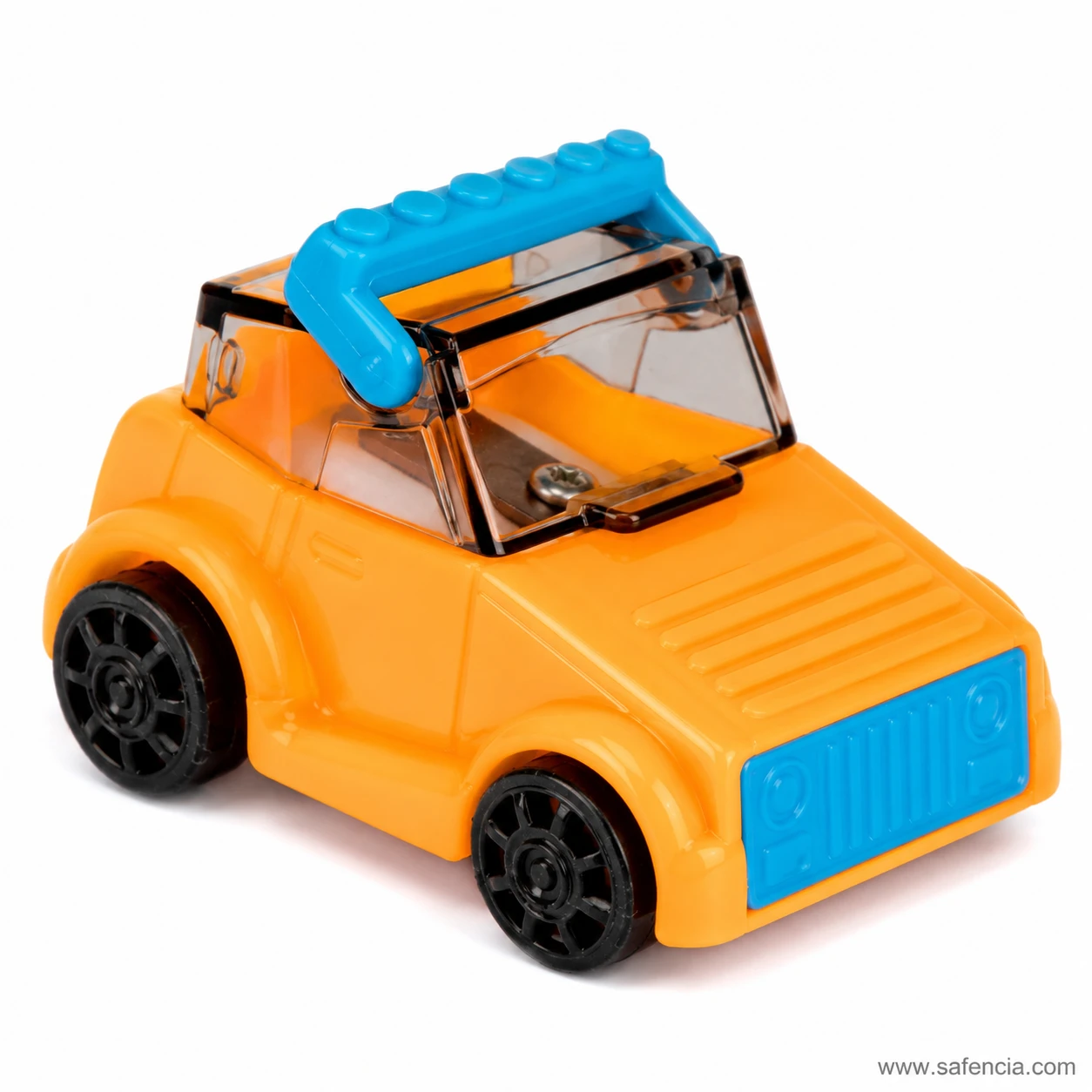 Orange and blue YL211608 jeep-shaped pencil sharpener with tinted blade cover and black wheels