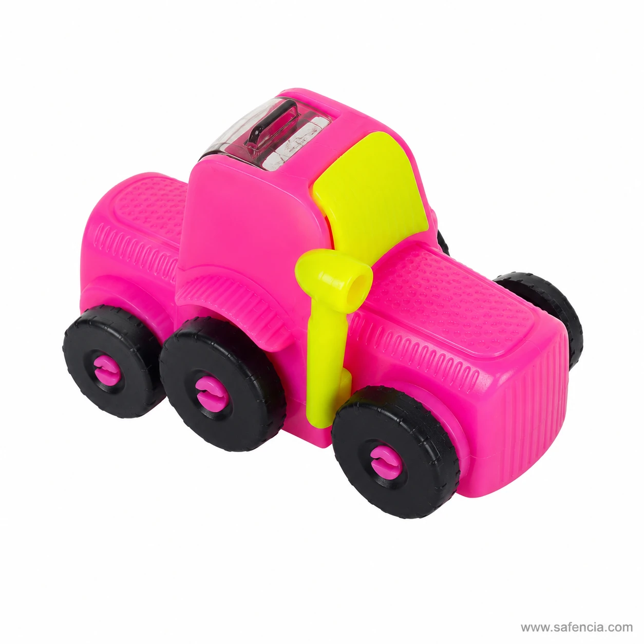 Pink and lime yellow fancy YL211608 vehicle pencil sharpener with textured body and black wheels