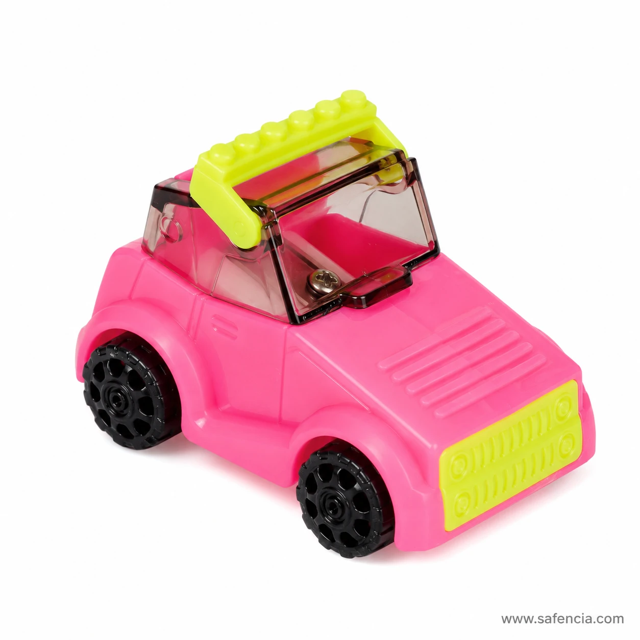 Bright pink and lime yellow YL211609 fancy jeep sharpener with black wheels and bonnet ridges