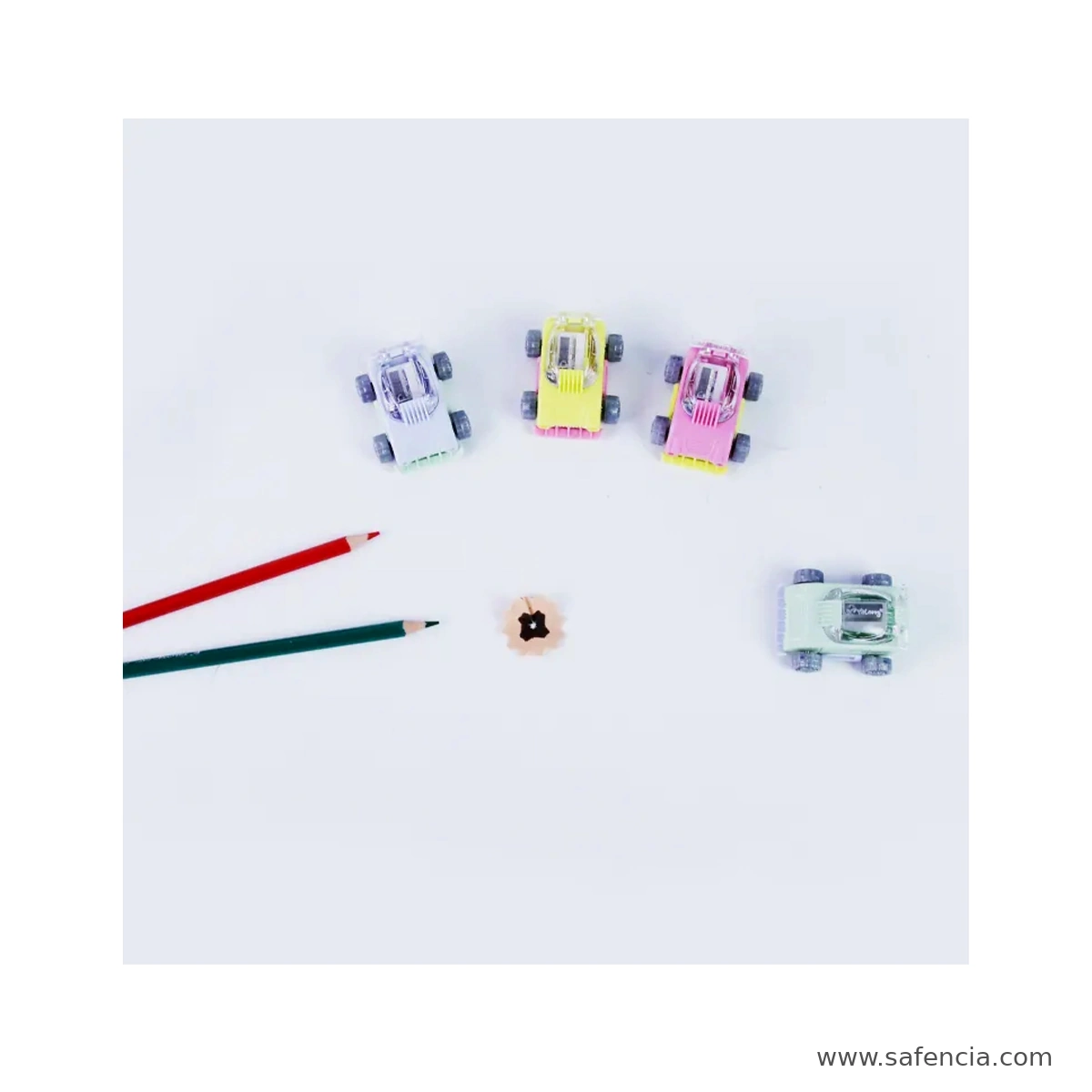Yelong YL221628 car sharpeners beside red and green wooden pencils on a white desk