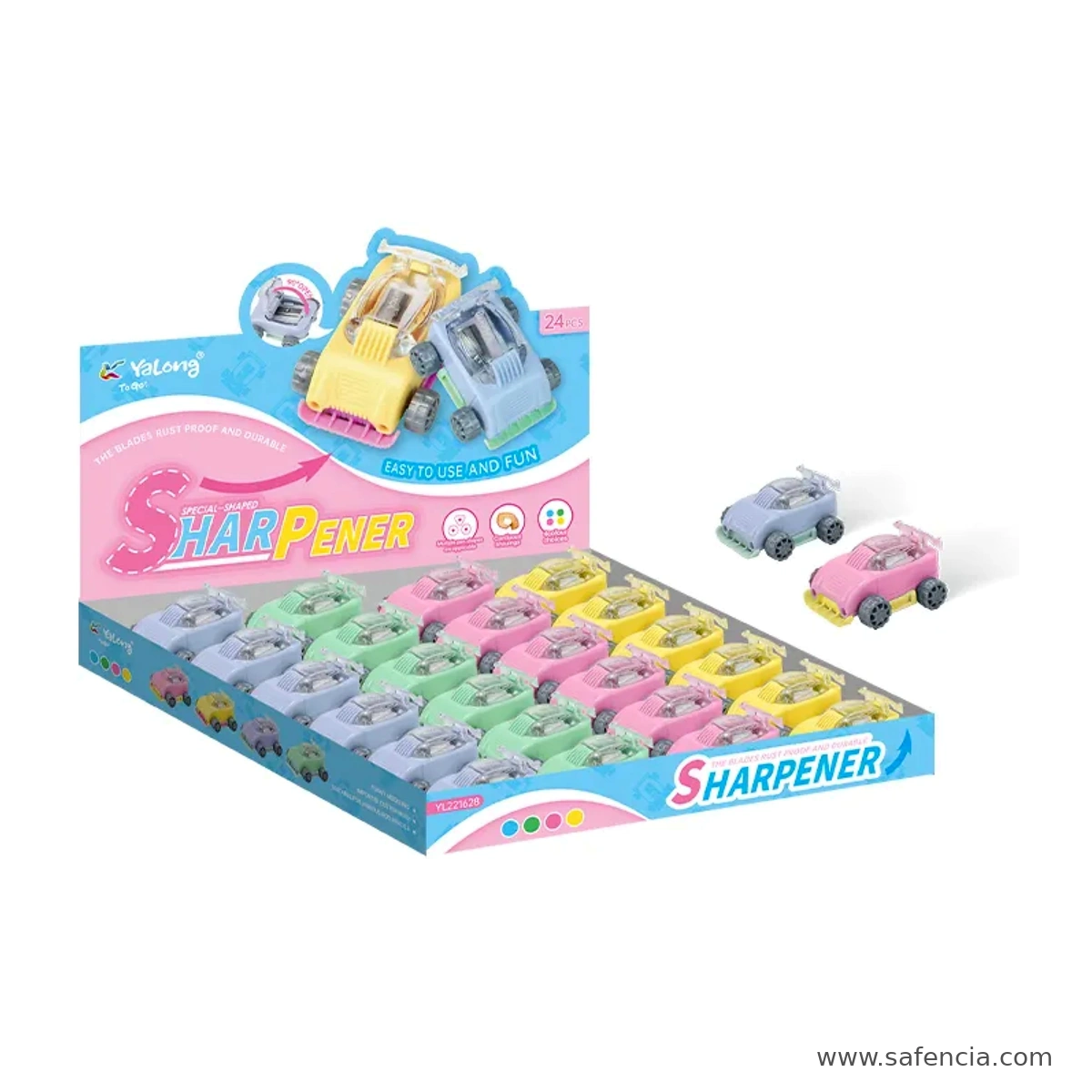 Yelong YL221628 car pencil sharpeners arranged in a colourful retail display tray