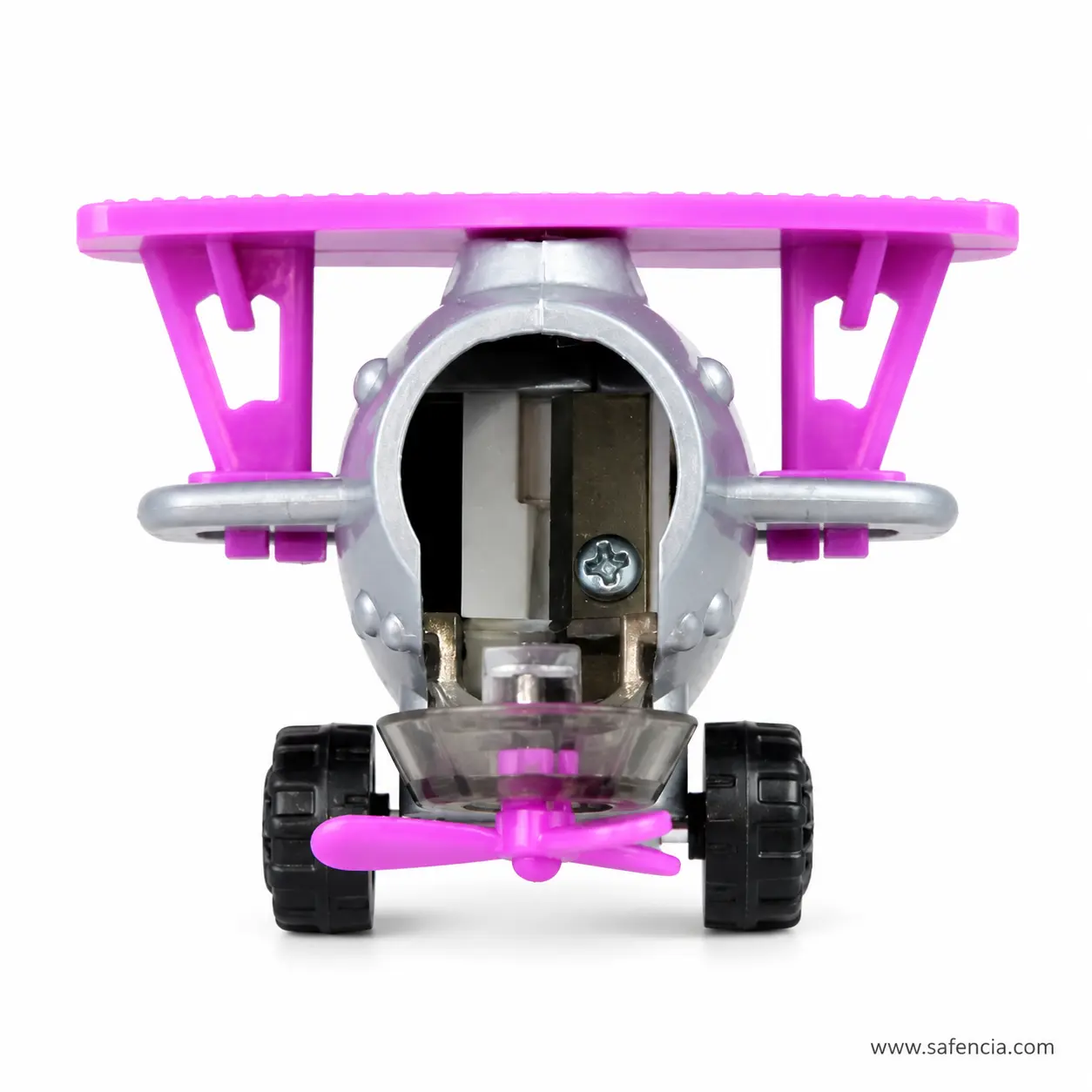 Purple YL221630 helicopter pencil sharpener rear view showing internal blade and screw fitting