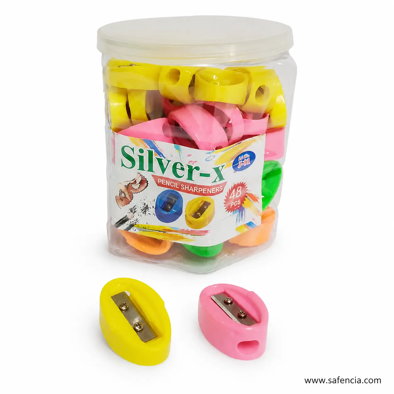 Silver-x 48 pack with yellow and pink egg-shaped sharpeners showing single holes and two screws
