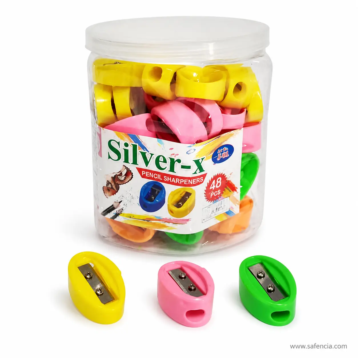 Clear Silver-x pencil sharpener jar marked 48 Pcs with yellow pink green and orange sharpeners
