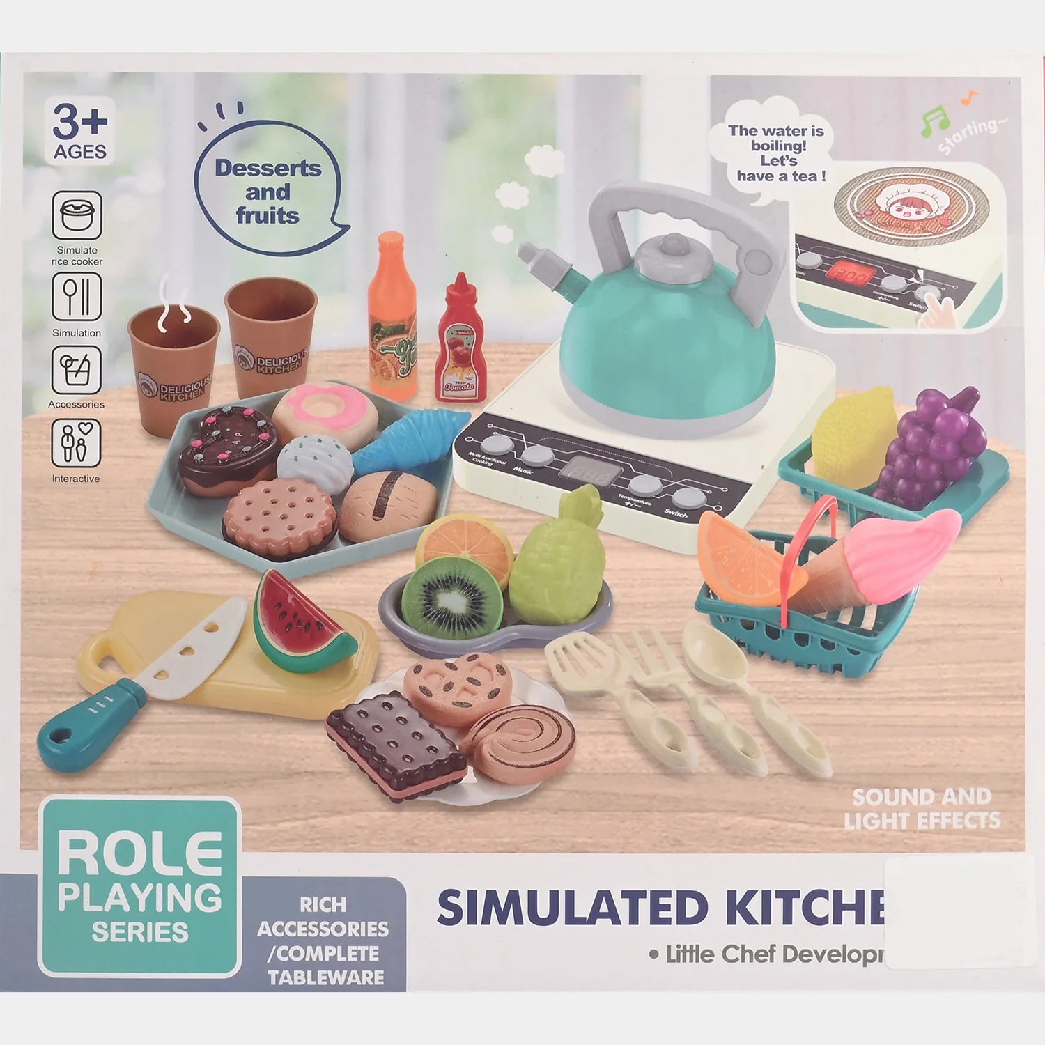 Simulated Kitchen Pretend Play Set open view - kettle, stove, cut food and tableware