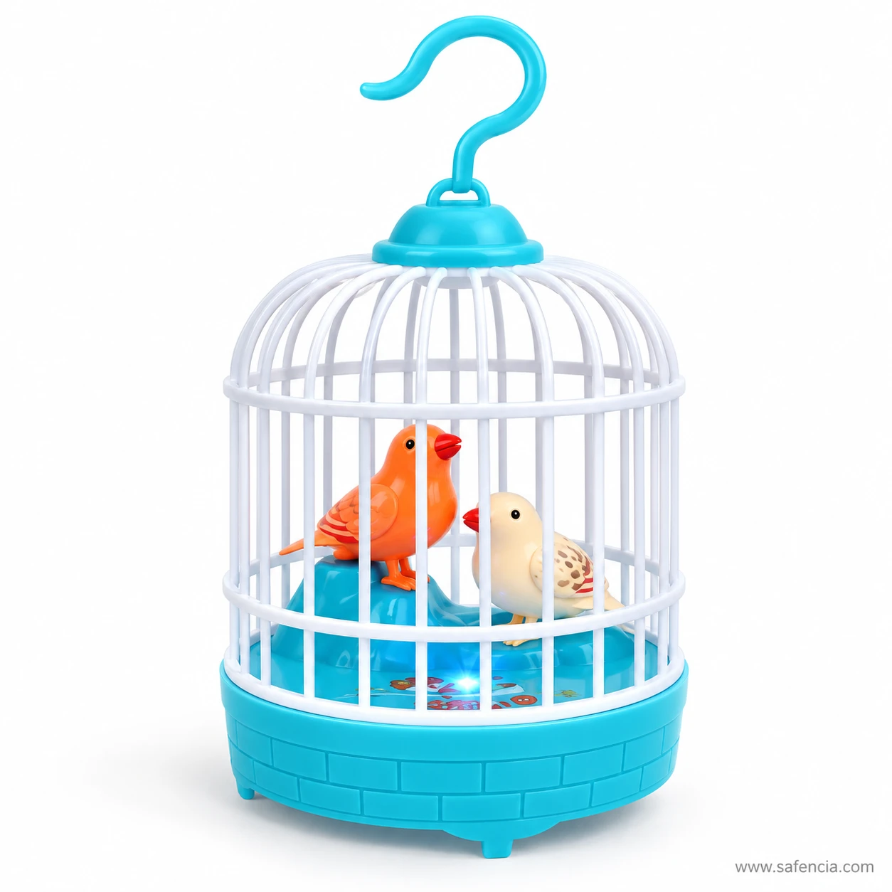 Blue base singing bird cage toy with orange and cream birds and glowing light inside