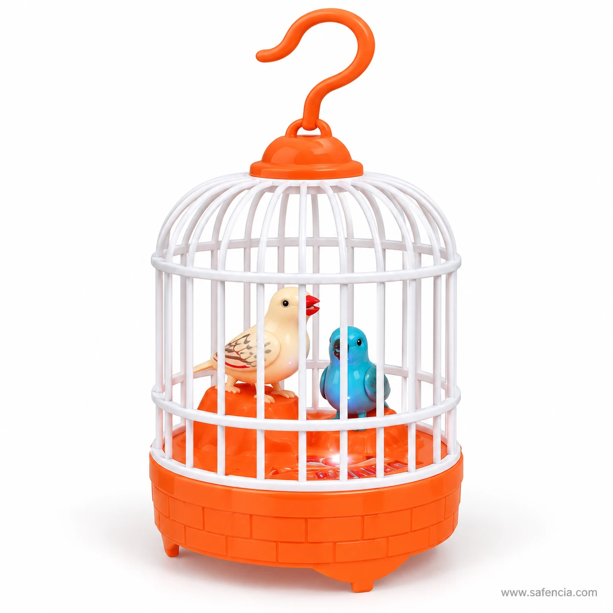 Orange base singing bird cage toy with cream and blue birds on the perch