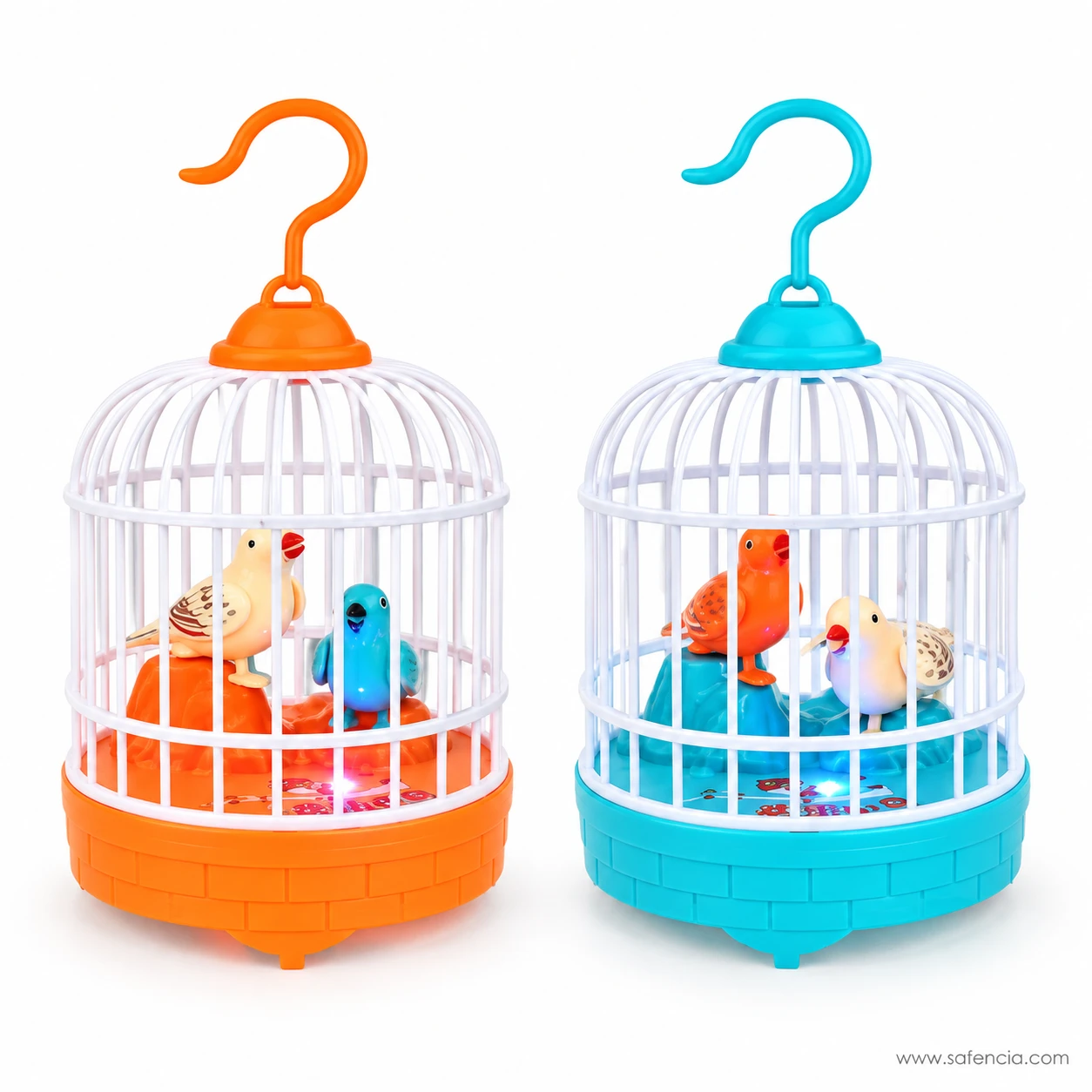 Pair of singing bird cage toys showing orange and blue hanging hooks