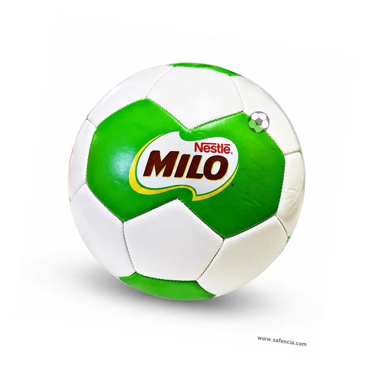 Milo single design football at an angle showing the round size 5 shape and green panels