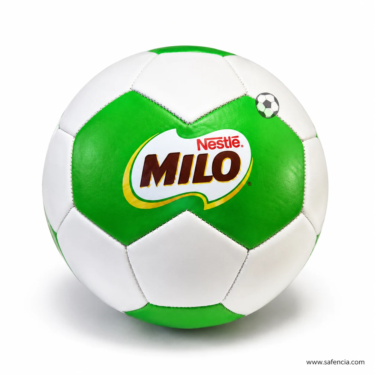 Close view of the Milo football green and white panels and even machine-stitched seams