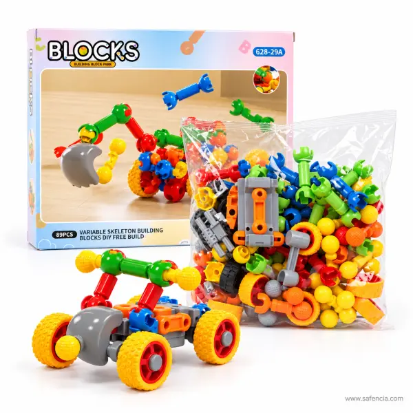 Skeleton Building Blocks for Kids, 89 Pcs with Wheels and Digger Bucket