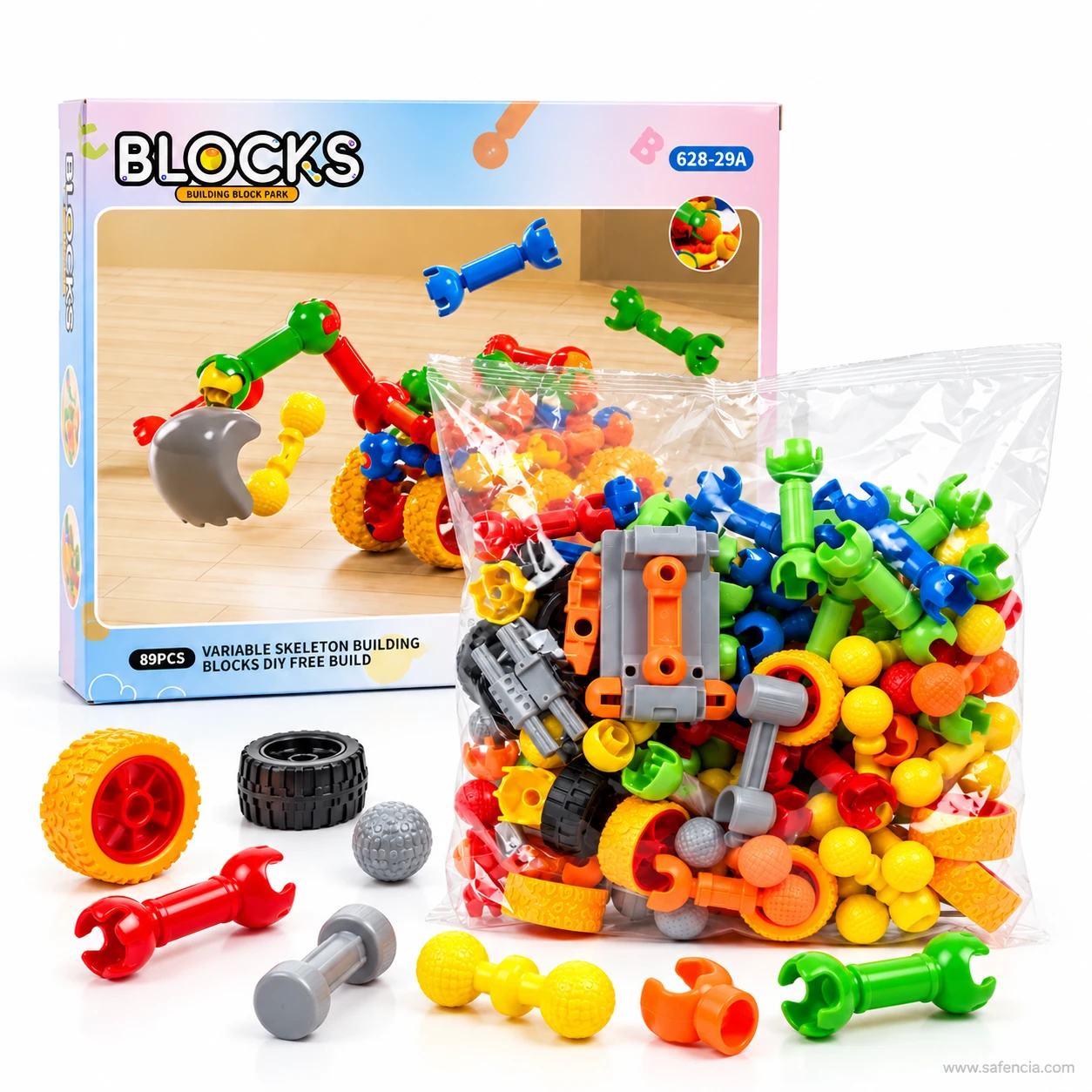Bone-shaped skeleton block links with claw ends, ball pieces and two tyres in front of the bag and BLOCKS box