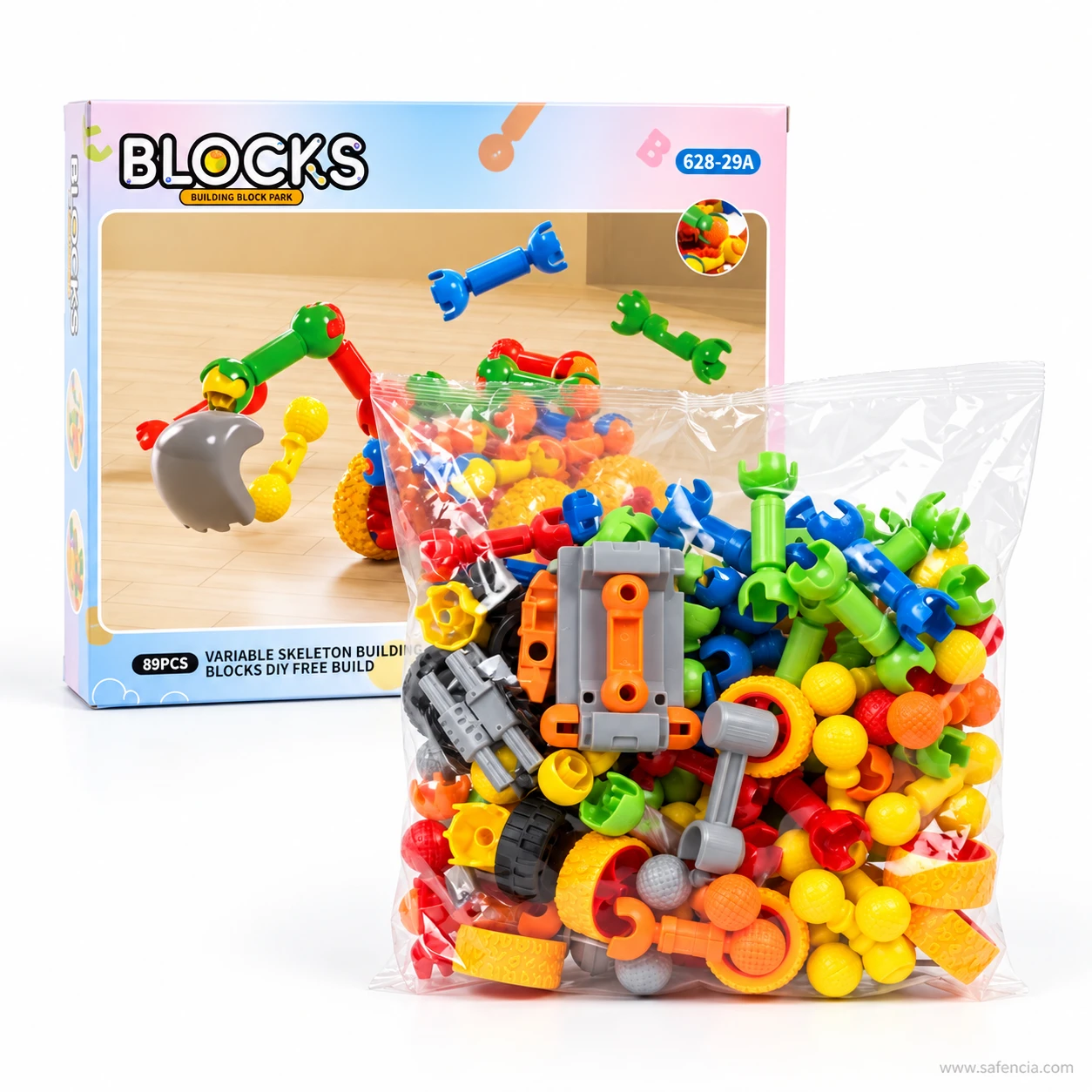 BLOCKS 89 pcs variable skeleton building blocks box, model 628-29A, with the clear bag of pieces in front
