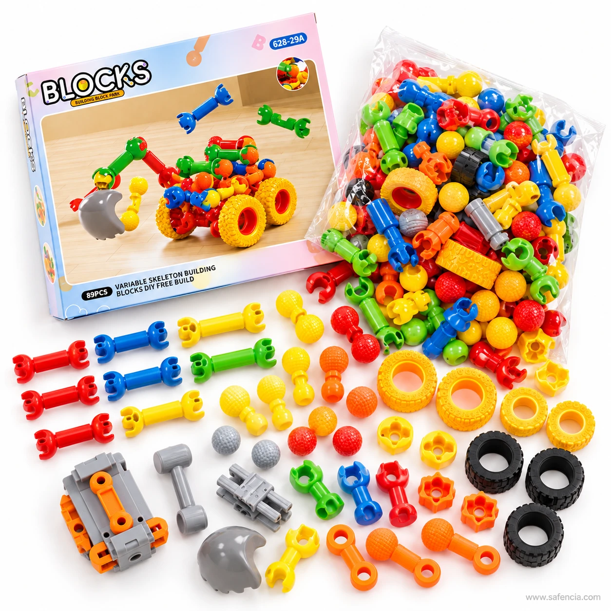 Skeleton building block pieces laid out: red, blue, green and yellow bone links, balls, tyres, a chassis frame and a bucket