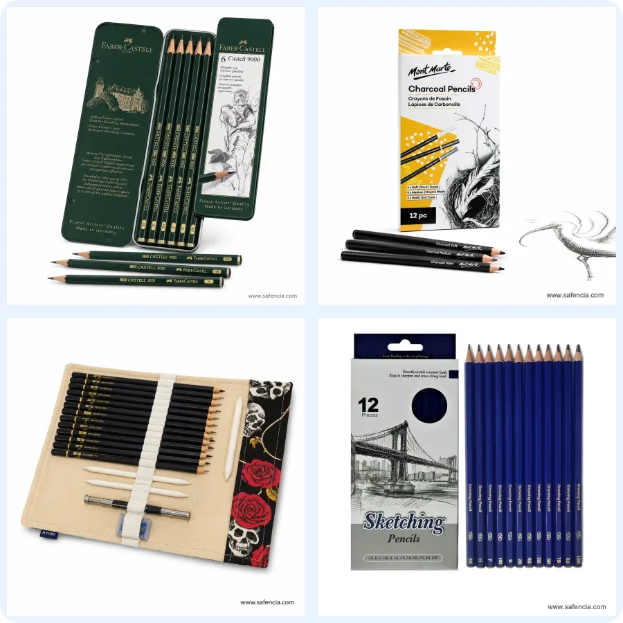 Safencia sketching and drawing pencil range in Pakistan — Faber-Castell 9000 graphite tin set, Mont Marte charcoal pencils, a Nyoni drawing pencil set in a roll pouch and a Keep Smiling sketching pencil set