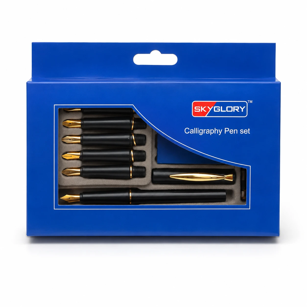 SkyGlory calligraphy pen set in its printed blue retail box