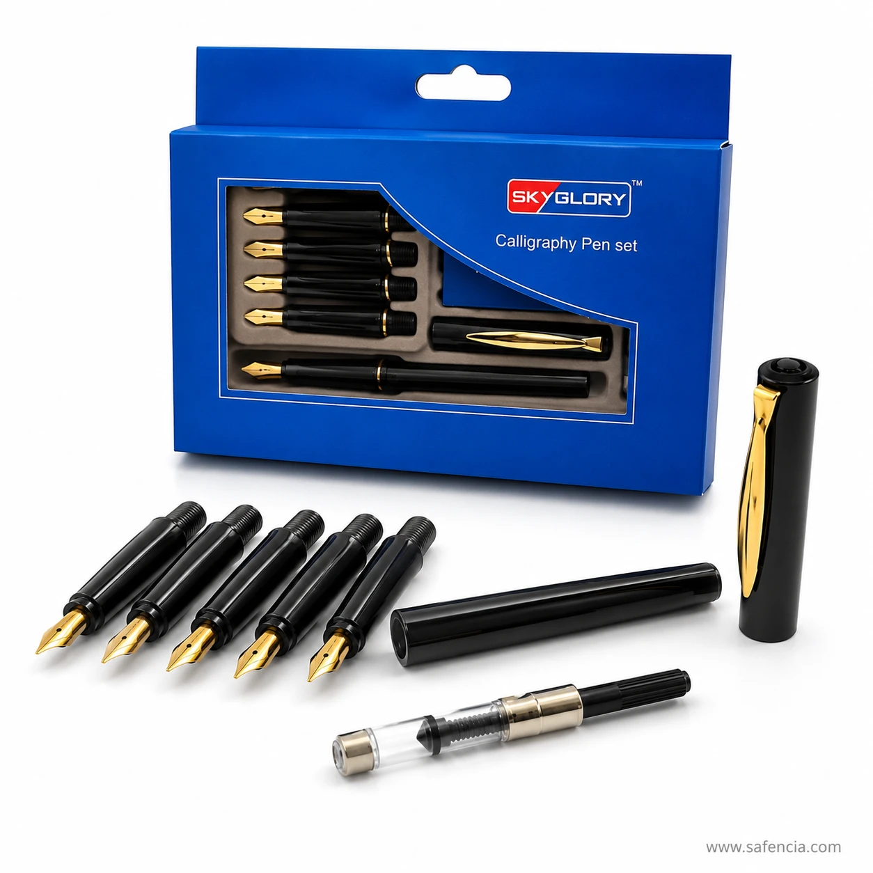 SkyGlory calligraphy components laid out with nib sections barrel and converter