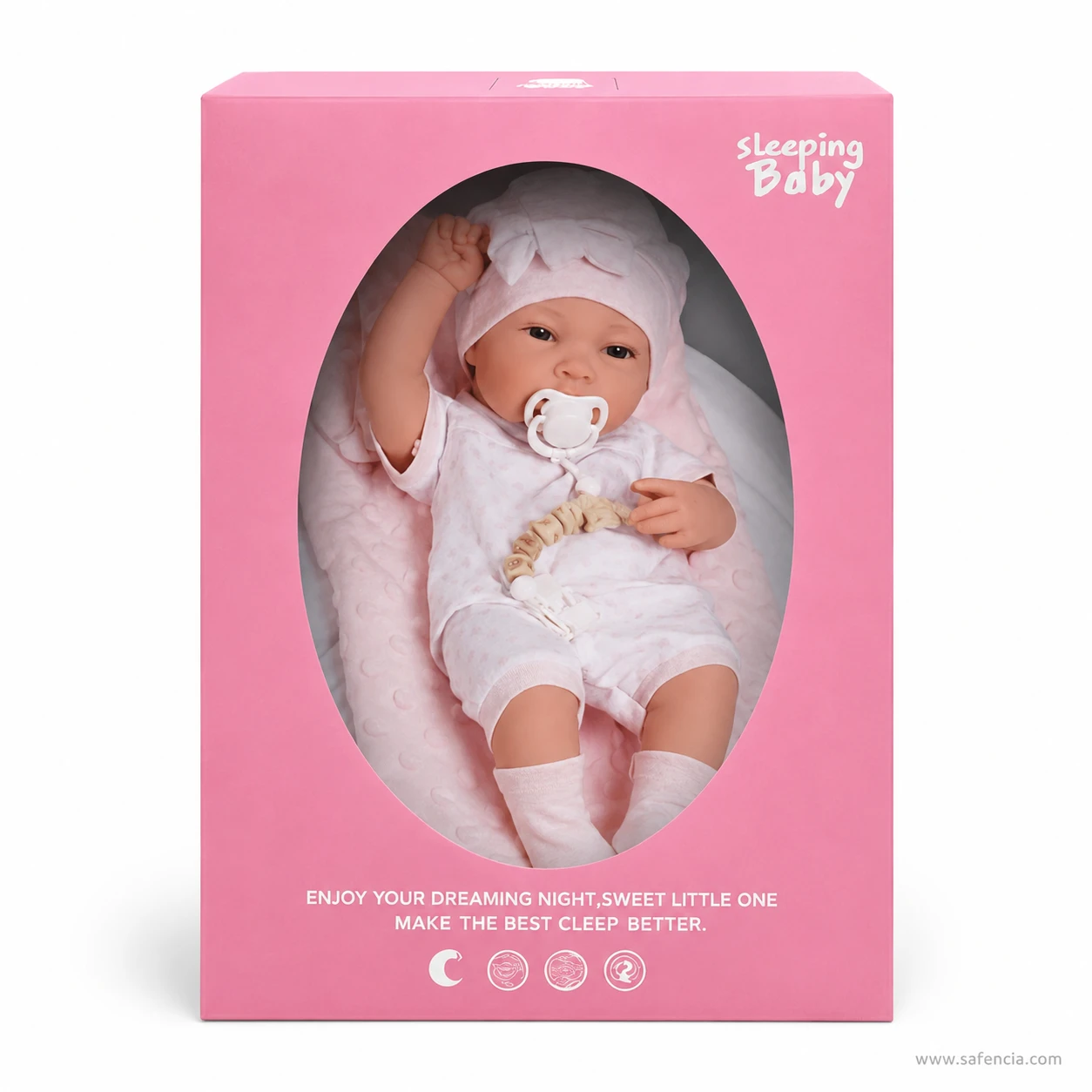 Front of the Sleeping Baby doll box showing the printed wording and the icon strip along the base