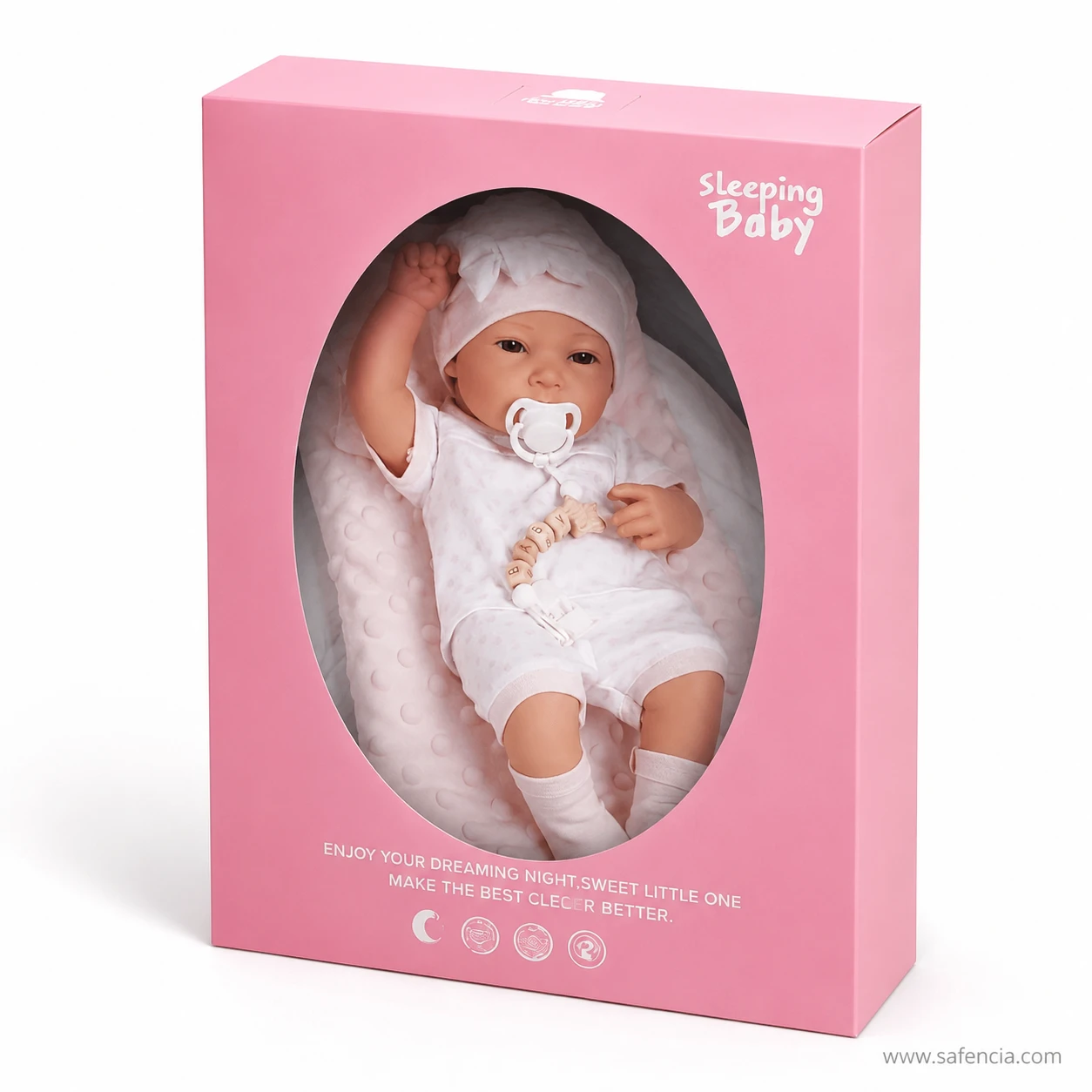 Deep pink Sleeping Baby presentation box with a large oval window showing the doll inside