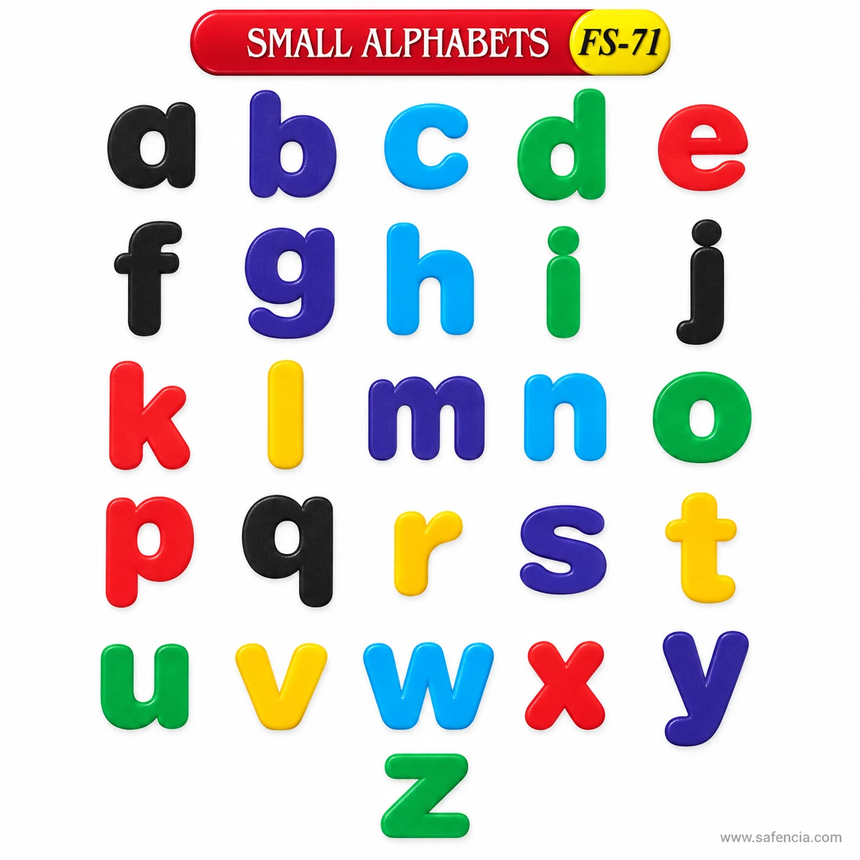 Red SMALL ALPHABETS banner with the FS-71 code above loose foam letters a to z