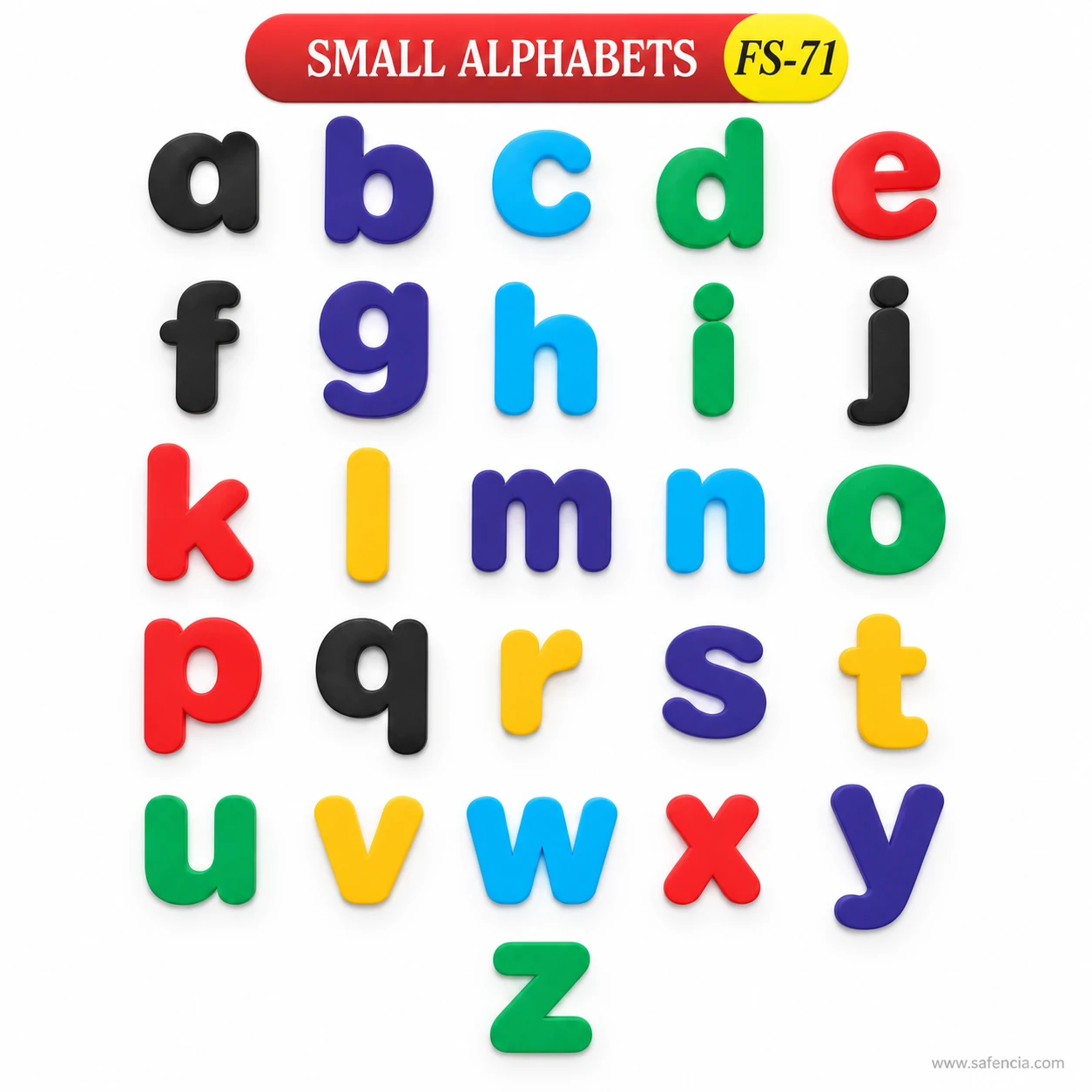 Lowercase foam letters in black, navy, sky blue, green, red and yellow arranged in rows