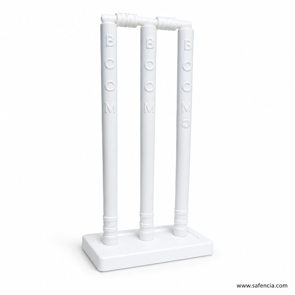 Boom small plastic wicket set angled view showing stumps bails and white base