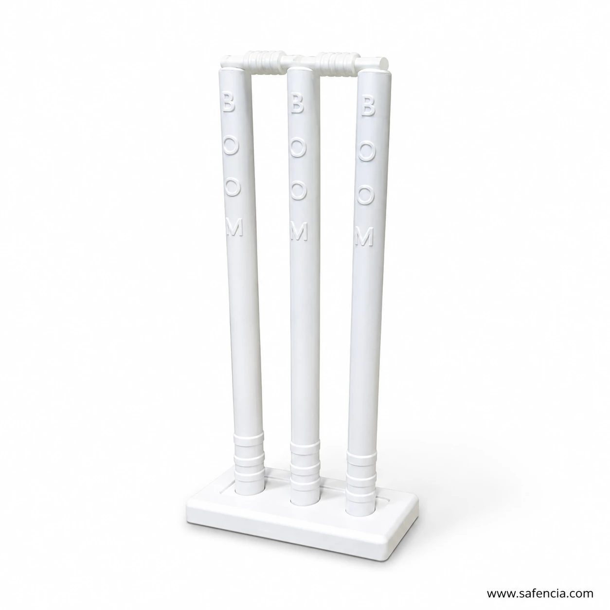 Boom small cricket wickets showing raised embossed BOOM name on white plastic