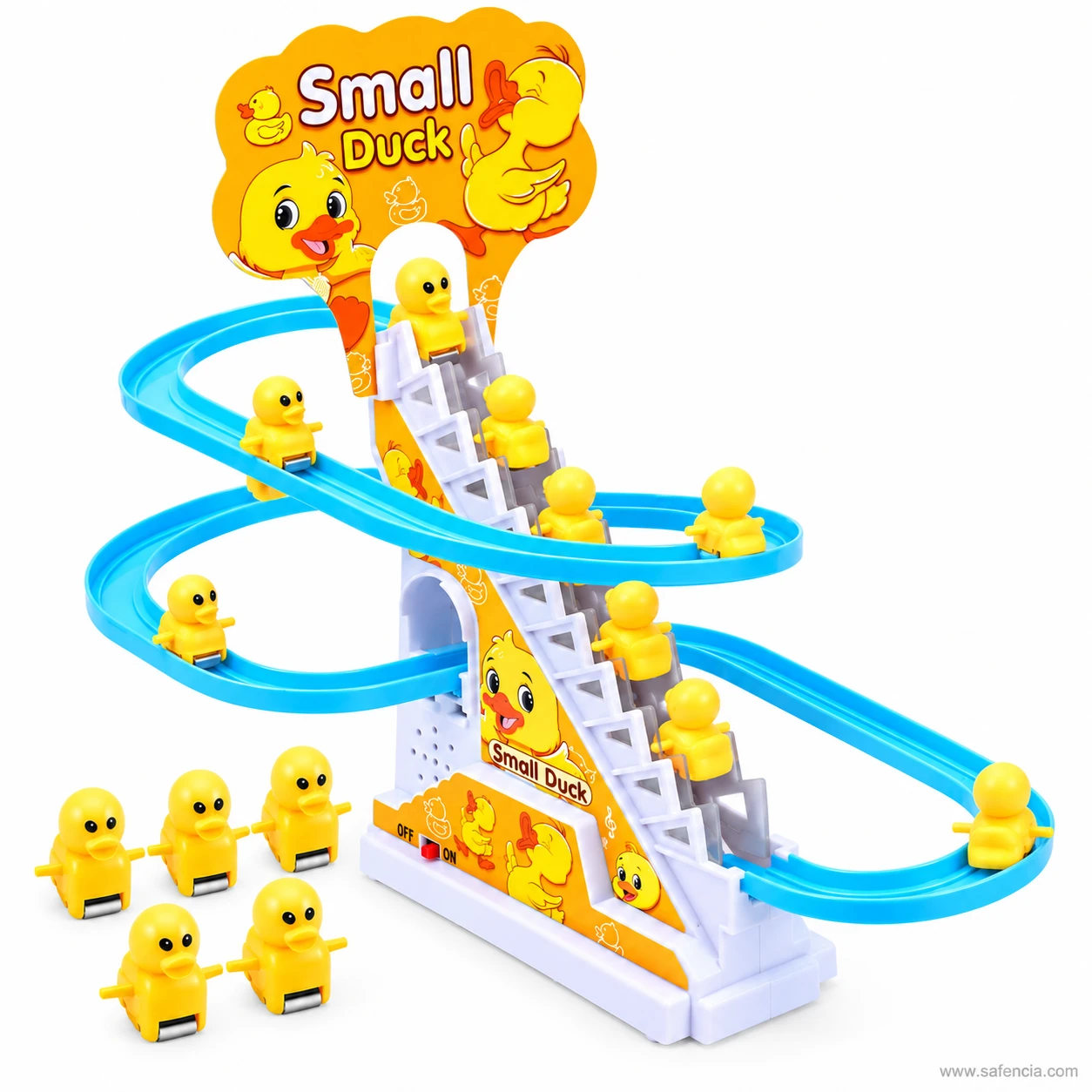 Small ducks climbing stairs toy with its staircase, looping blue slide and loose yellow ducks in front