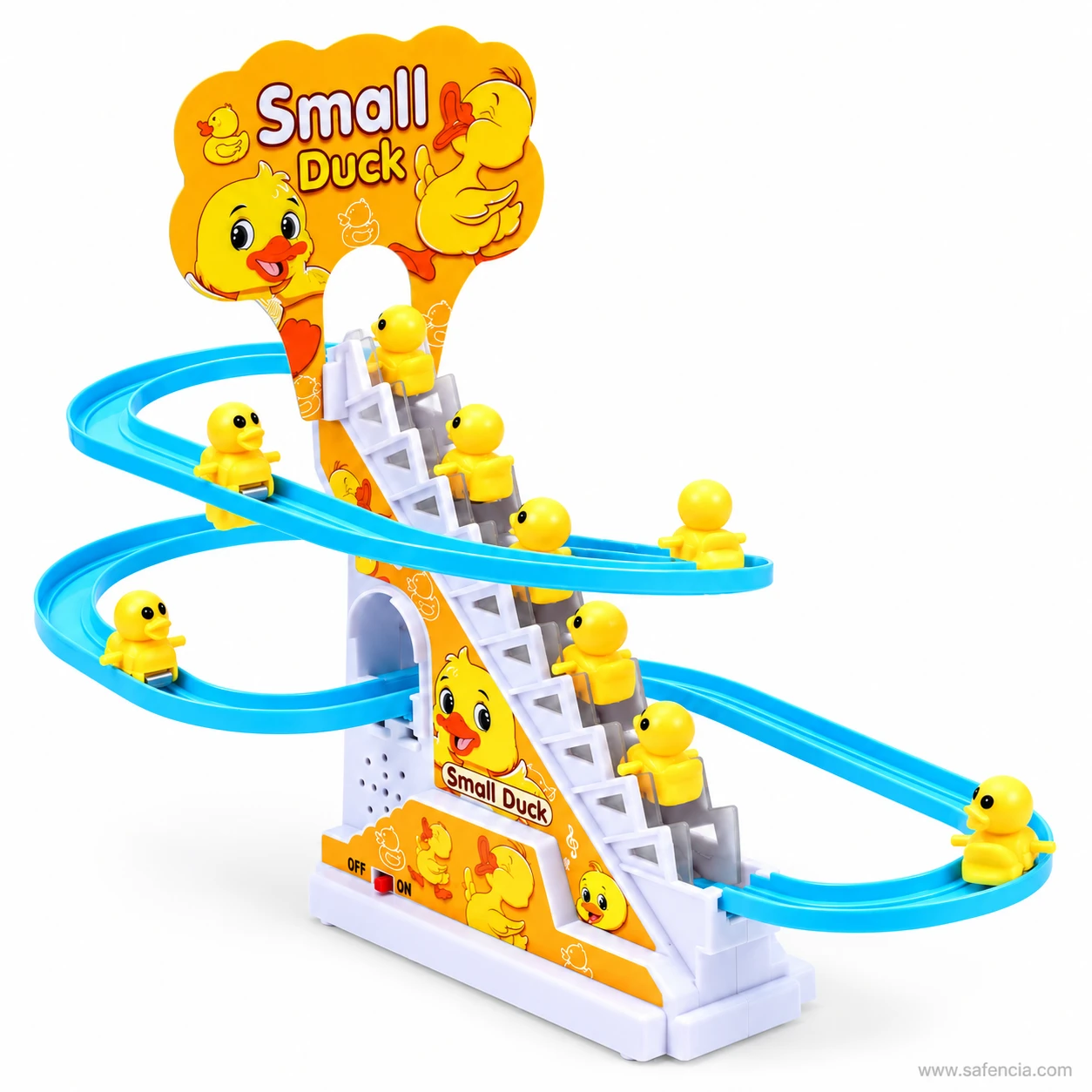 Angled view of the small ducks climbing stairs toy staircase with the Small Duck sign on top