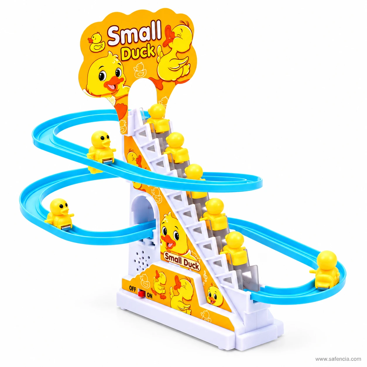 Small ducks climbing stairs toy showing ducks riding up the staircase and sliding down the blue track