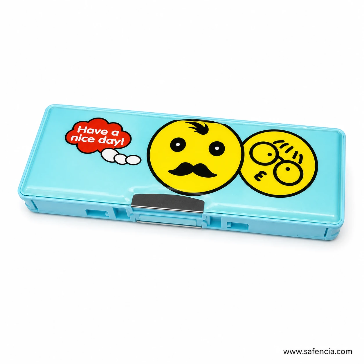 Smiley magnetic pencil box angled view showing its long slim profile