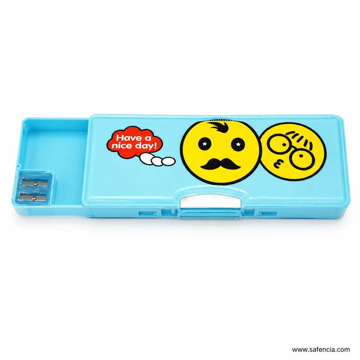 Pencil box sharpener drawer pulled out showing the twin-hole sharpener