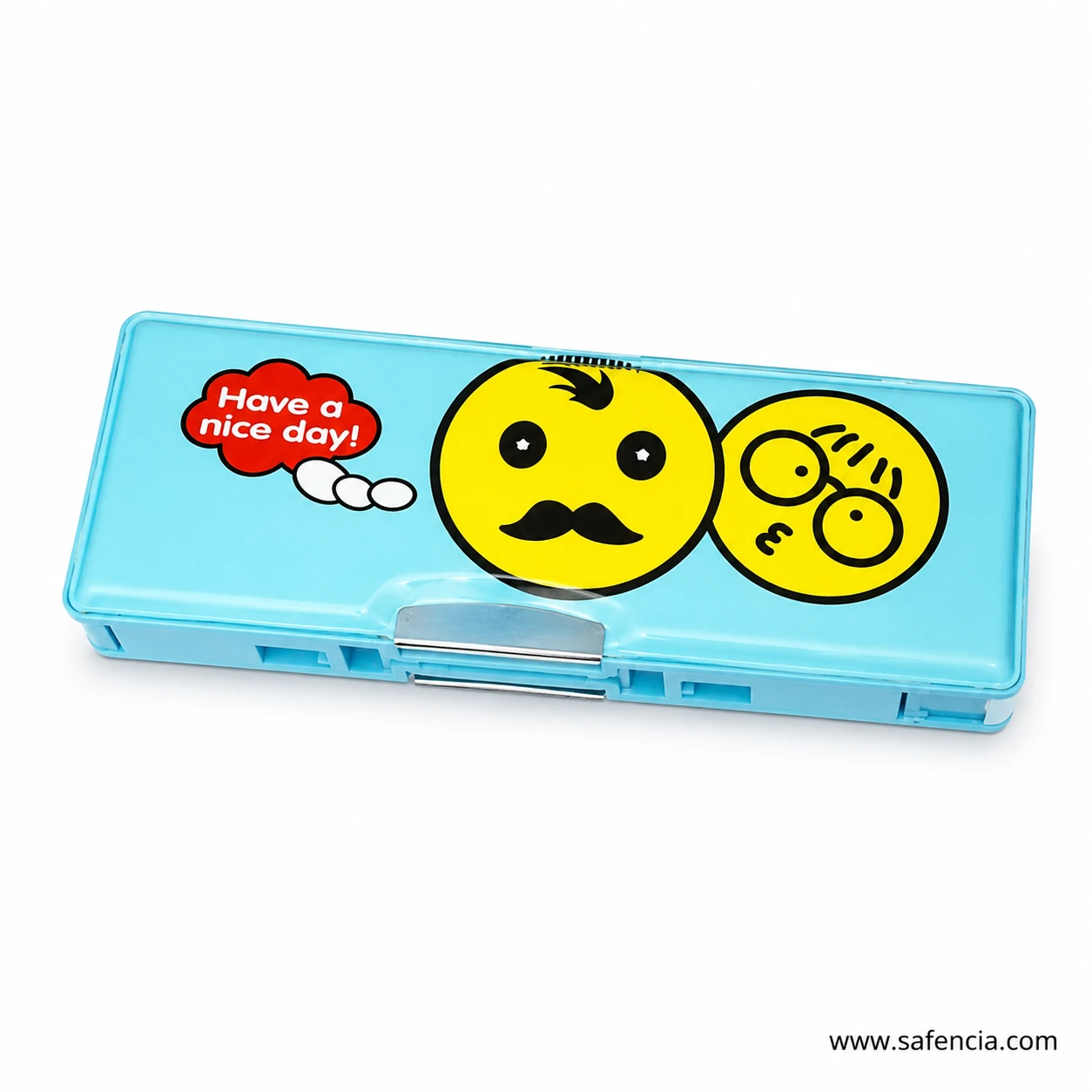 Close view of the magnetic chrome catch strip on the pencil box lid