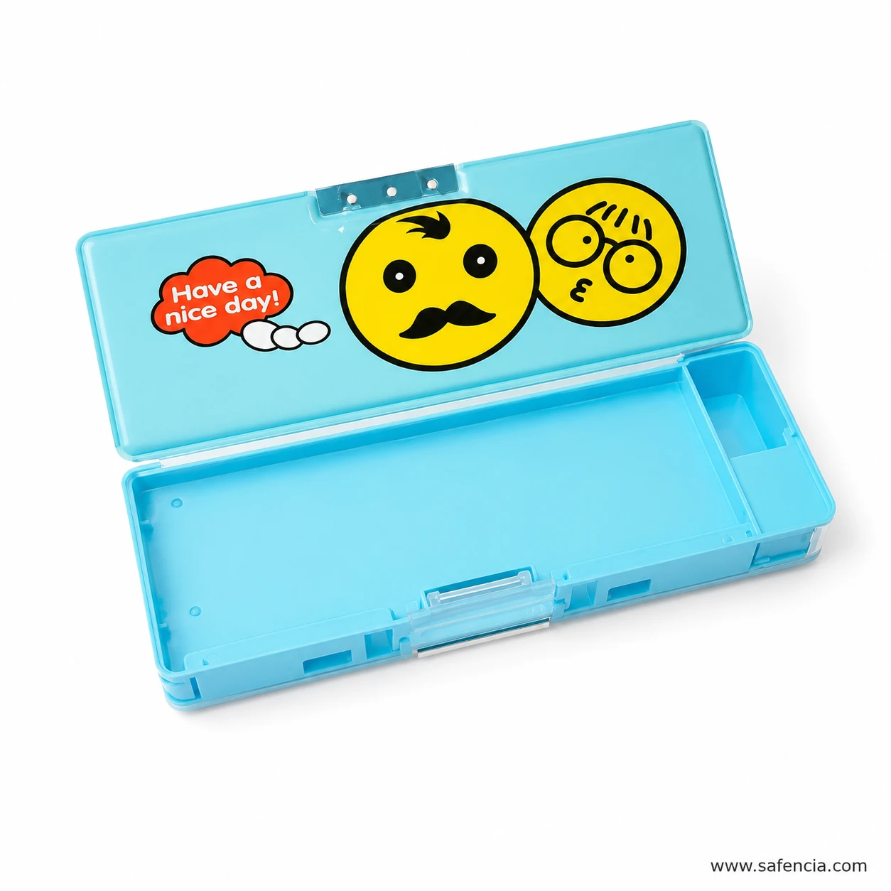 Smiley magnetic pencil box open showing two separate inner compartments