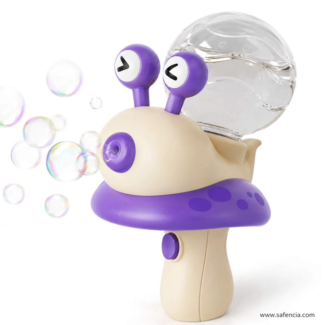 Purple snail bubble blower releasing a stream of soap bubbles from the nozzle set into its snout