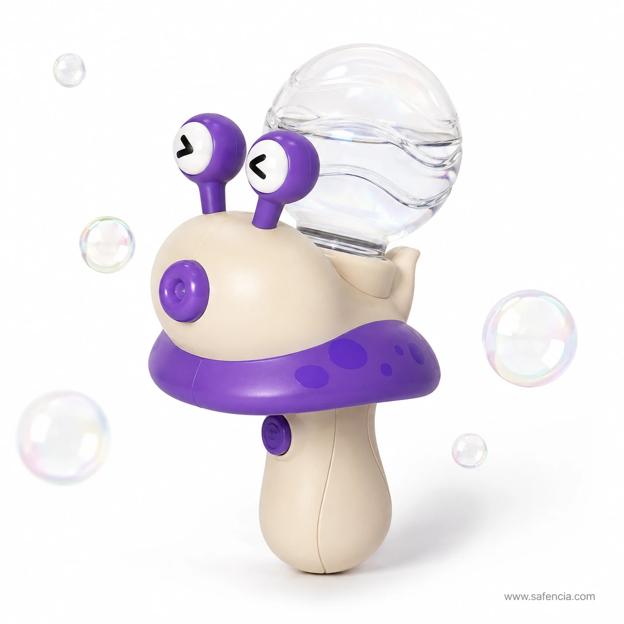 Side view of the purple snail bubble blower showing the spotted skirt, eye stalks and clear solution dome