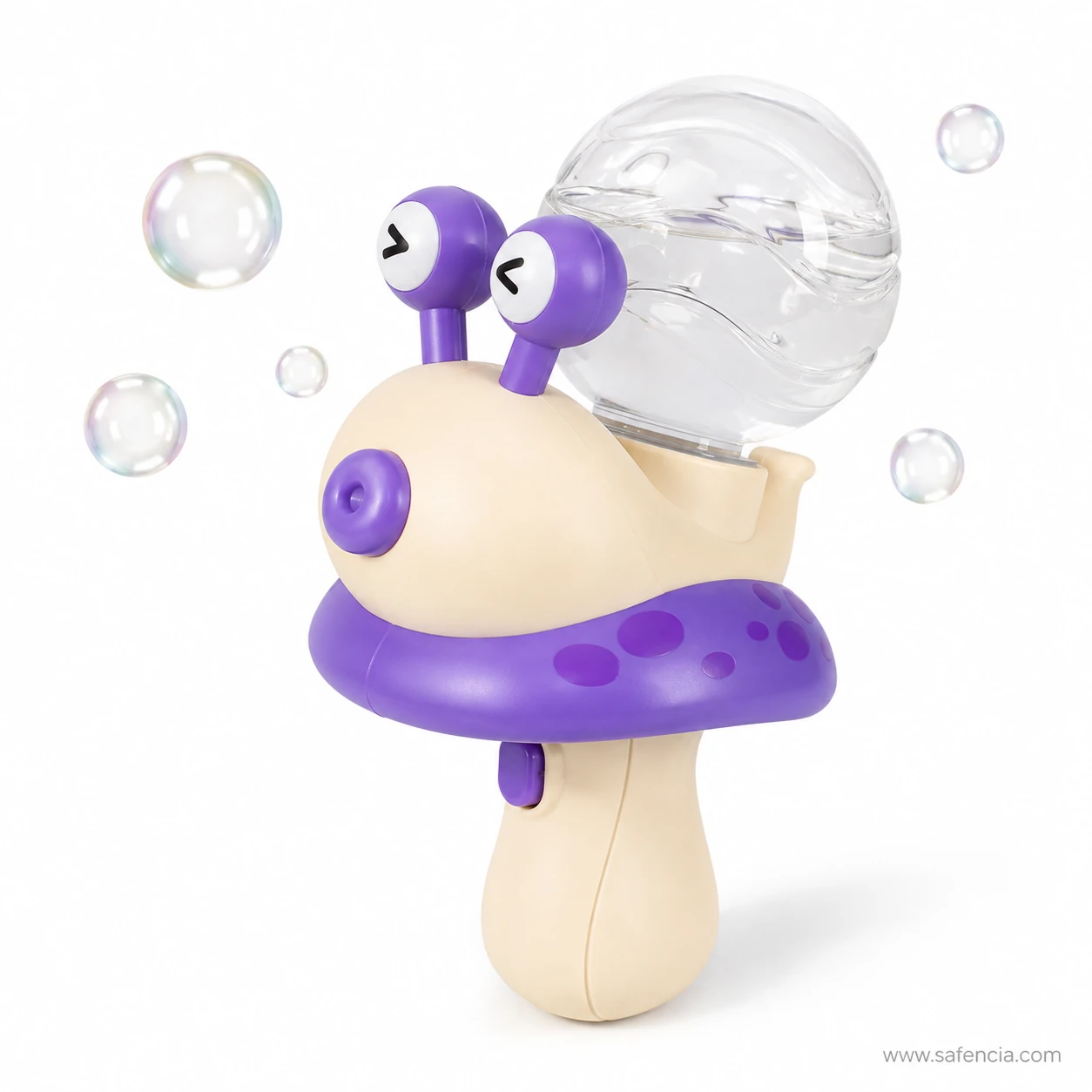 Snail bubble blower photographed from the front showing the snout nozzle, thumb button and mushroom-stalk handle