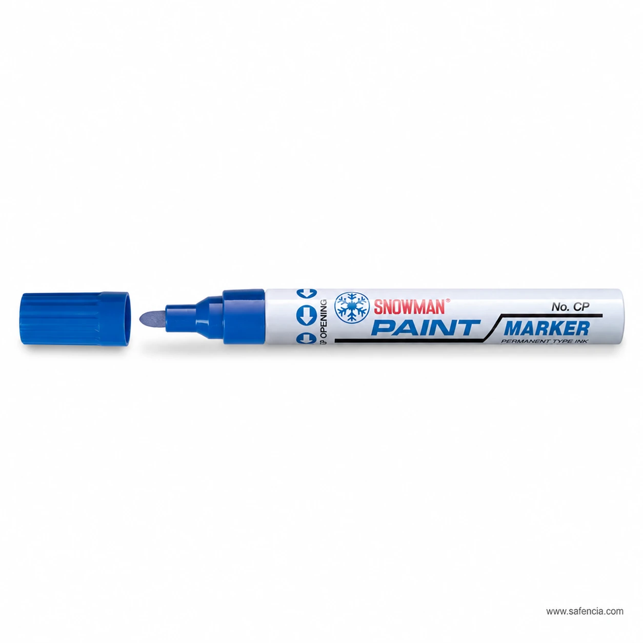 Snowman Paint Marker in blue with the cap removed showing the round tip